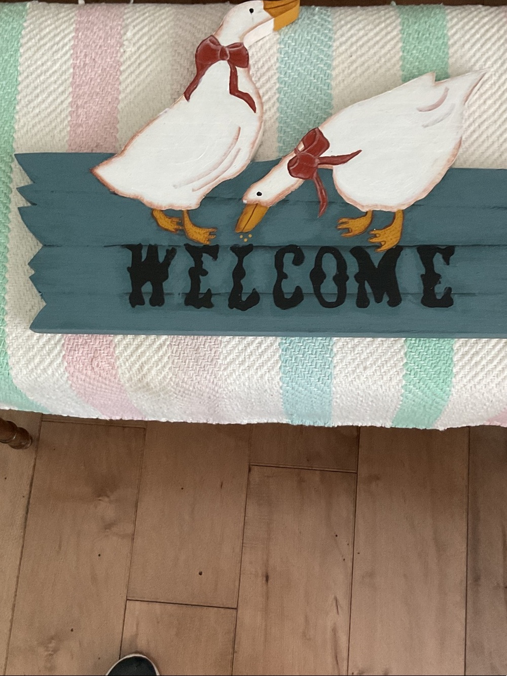 Welcome Ducks Wooden Wall Sign in Teal with White Ducks